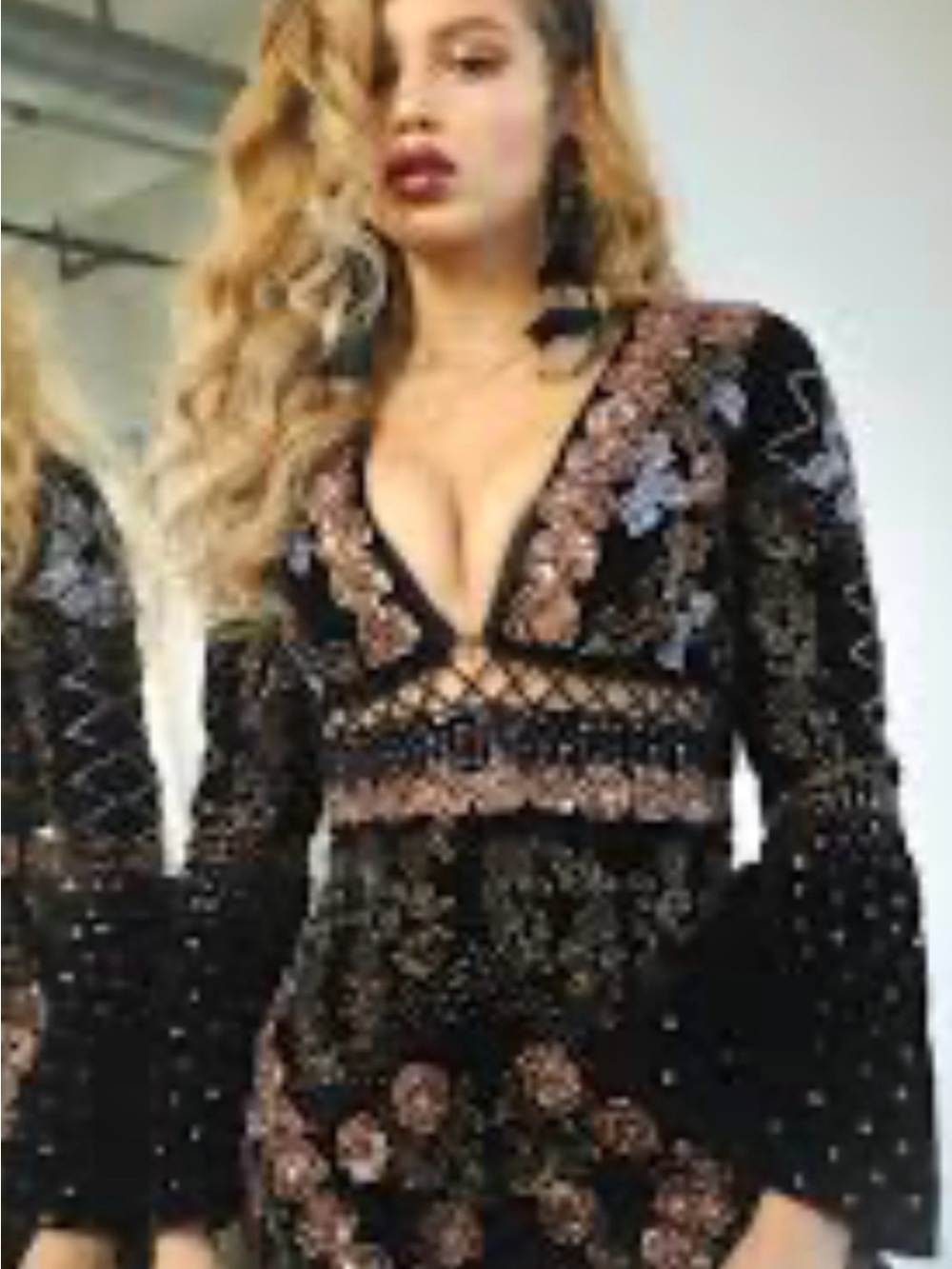 NASTY GAL BLACK, ROSE GOLD & BLUE SEQUIN JUMPSUIT. SIZE 4. BACK LACEUP & ZIPPER. - Picture 4 of 14